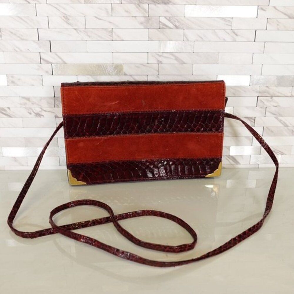 Vintage Snakeskin Crossbody Bag Medium Brown Wine Leather Satchel Shoulder Purse